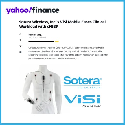 July Yahoo PR - Sotera Wireless, Inc.s ViSi Mobile Eases Clinical Workload with cNIBP